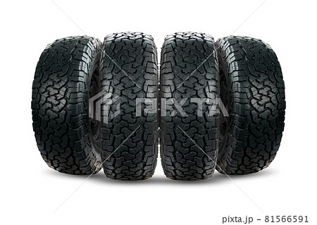 Set of 4 wheels car tires designed for use in all road conditions isolated on white background. Set of 4 wheels car tires designed for use in all road conditions isolated on white background. 81566591