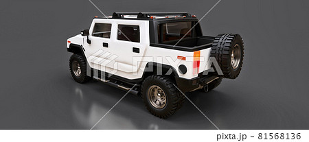 Large white off-road pickup truck for countryside or expeditions on gray isolated background. 3d illustration. Large white off-road pickup truck for countryside or expeditions on gray isolated background. 3d illustration. 81568136