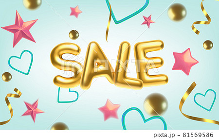 3D realistic golden inscription sale Abstract illustration with golden spheres, stars and serpentine. Gold metallic text for banner design. Vector 81569586