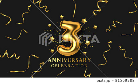 3th Anniversary celebration. Number in the form of golden balloons. Realistic 3d gold numbers and sparkling confetti, serpentine. Horizontal template for Birthday or wedding event. Vector 81569588