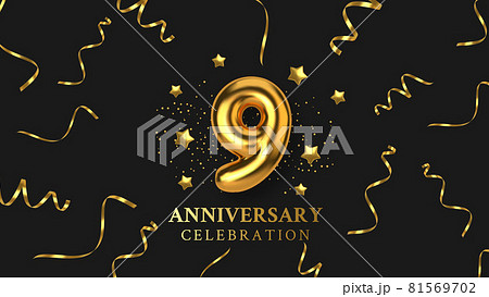 9th Anniversary celebration. Number in the form of golden balloons. Realistic 3d gold numbers and sparkling confetti, serpentine. Horizontal template for Birthday or wedding event. Vector 81569702