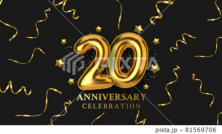 204th Anniversary celebration. Number in the form of golden balloons. Realistic 3d gold numbers and sparkling confetti, serpentine. Horizontal template for Birthday or wedding event. Vector 81569706