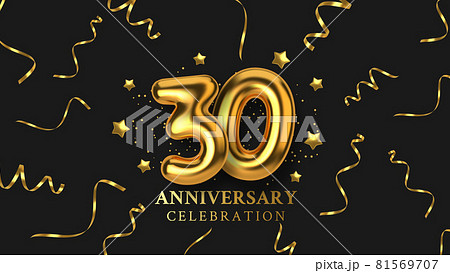 30th Anniversary celebration. Number in the form of golden balloons. Realistic 3d gold numbers and sparkling confetti, serpentine. Horizontal template for Birthday or wedding event. Vector 81569707