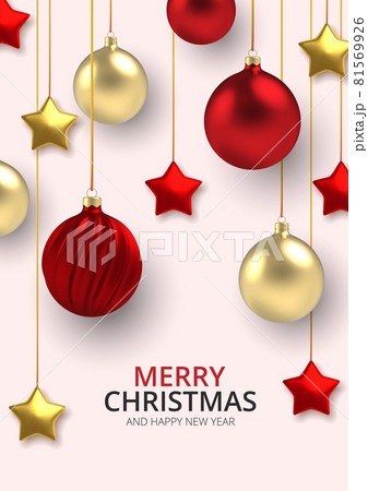 3D Realistic background Gold and red Christmas balls and stars in realistic style on white background. Vector illustration. 3D Realistic background Gold and red Christmas balls and stars in realistic style on white background. Vector illustration. 81569926