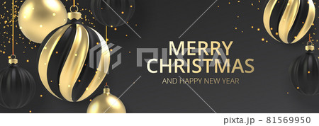 Xmas background Gold and black Christmas ball in realistic style on black background. Vector illustration. 81569950