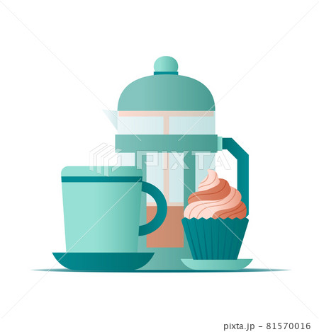 Flat illustration french press and cup of coffee with cap cake on white background for concept design. Vector illustration 81570016