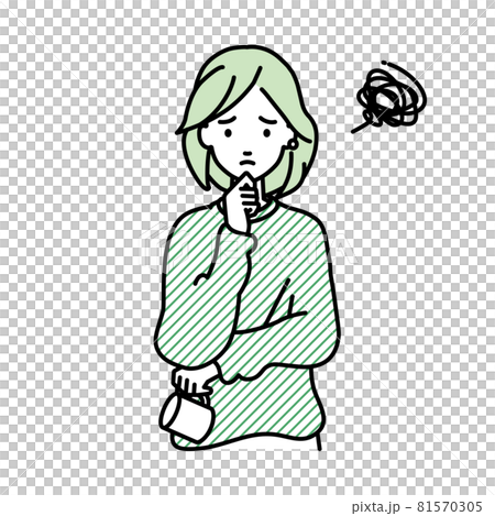 A remote work woman who is in trouble standing and putting her hand on her chin 81570305
