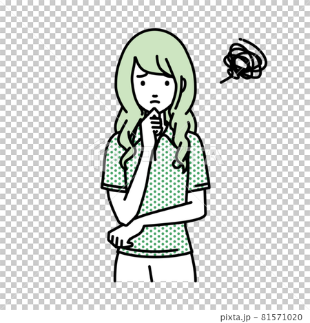 A woman in a polo shirt standing and putting her hand on her chin A woman in a polo shirt standing and putting her hand on her chin 81571020