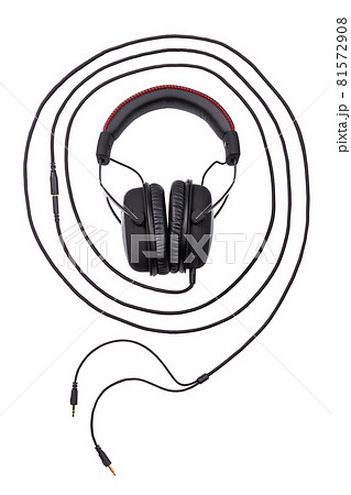 wired black gaming headset surrounded by concentric circle of wire- isolated on white background 81572908
