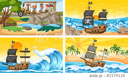 Set of different scenes with animals in the zoo and pirate ship at the sea 81574110