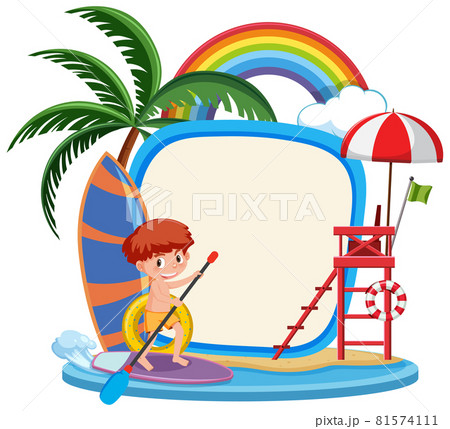 Blank banner template with many kids on summer vacation at the beach isolated 81574111