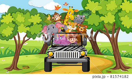 Safari scene at daytime with wild animals on the tourist car 81574182