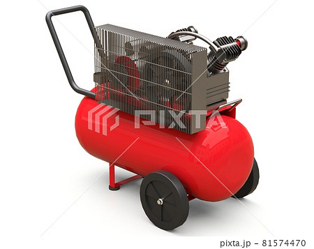 Red horizontal air compressor isolated on a white background. 3d illustration. Red horizontal air compressor isolated on a white background. 3d illustration. 81574470