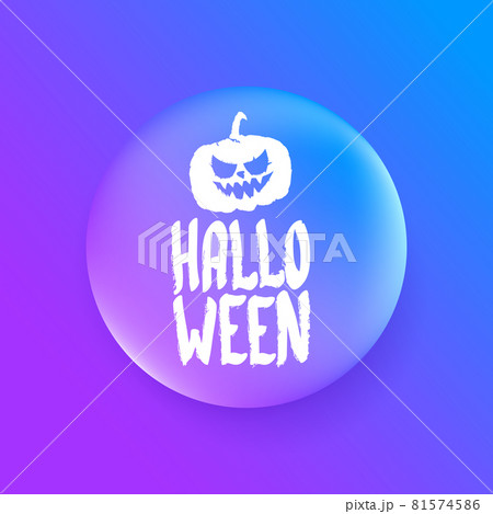 Happy Halloween Banner, greeting card or background with Vector white Halloween label with scary pumpkin isolated on purple abstract background. 81574586