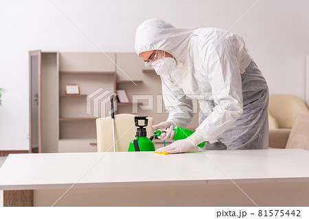 Young male contractor doing pest control at home Young male contractor doing pest control at home 81575442
