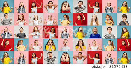 Collage of faces of surprised, shocked children, kids, pupils isolated on multicolored backgrounds. Childhood, human emotions, facial expression, diversity concept. 81575453