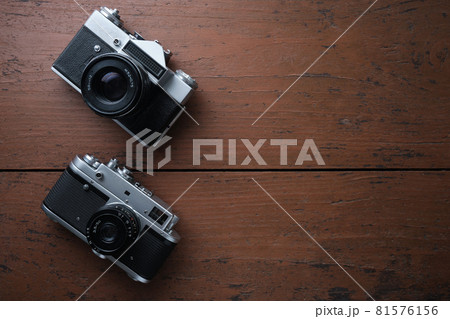 Old vintage 35 mm metal film camera, close-up 81576156