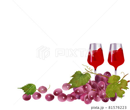オシャレなブドウの丸ごとと葉っぱとグラスに入った赤ワインの静物ベクターフレームイラスト素材のイラスト素材