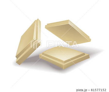 Realistic chocolate pieces of white chocolate. Chunk of cocoa dessert or square chocolate candy. Food sweet snack isolated on white background 81577152
