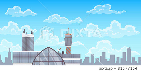Airport terminal building, control tower and city landscape on background. Infrastructure for travel and tourism concept, passenger air transportation Airport terminal building, control tower and city landscape on background. Infrastructure for travel and tourism concept, passenger air transportation 81577154