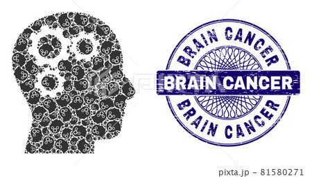 Brain Gears Recursion Collage of Brain Gears Icons and Scratched Brain Cancer Round Guilloche Seal 81580271
