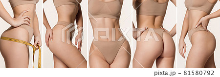 Cropped portrait of perfect slim tanned young female body in inner wear. Collage Cropped portrait of perfect slim tanned young female body in inner wear. Collage 81580792