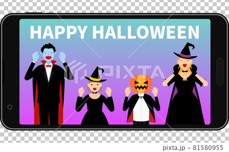 智能手機、德古拉、女巫和傑克·O 燈籠上的在線萬聖節派對 81580955