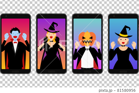 智能手機、德古拉、女巫和傑克·O 燈籠上的在線萬聖節派對 81580956