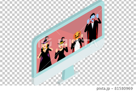 等軸測圖，一家人在網上萬聖節派對上享受服裝 81580969