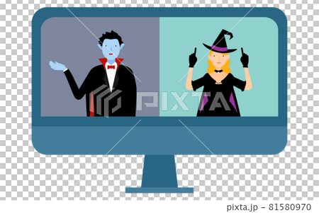 オンラインハロウィンパーティをする仮装した男性と女性 81580970