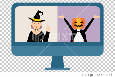 男孩和女孩身著服裝舉辦在線萬聖節派對 81580971