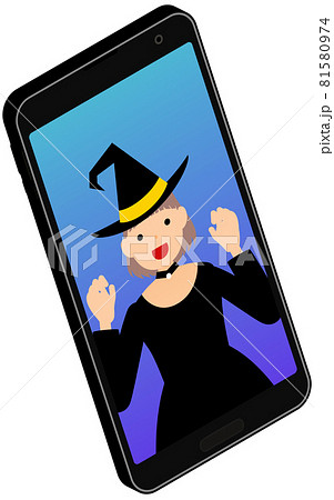 スマホでオンラインハロウィンパーティをする魔女の仮装をした女の子、アイソメトリック 81580974