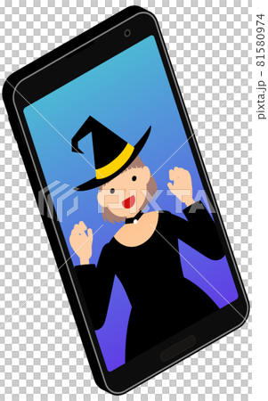 スマホでオンラインハロウィンパーティをする魔女の仮装をした女の子、アイソメトリック 81580974