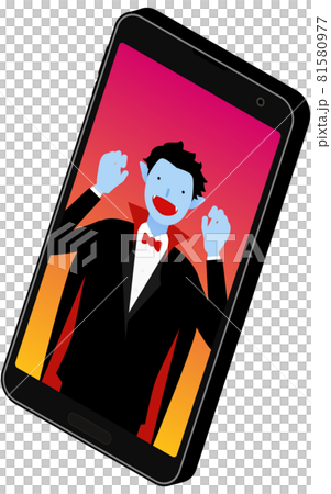 スマホでオンラインハロウィンパーティをするドラキュラの仮装をした男性、アイソメトリック 81580977