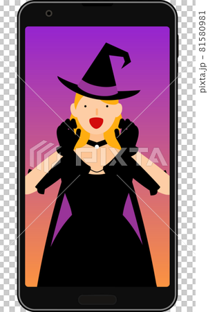 一個打扮成德古拉的男人在他的智能手機上舉辦在線萬聖節派對 81580981