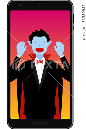 スマホでオンラインハロウィンパーティをするドラキュラの仮装をした男性 81580982