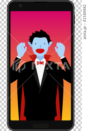 スマホでオンラインハロウィンパーティをするドラキュラの仮装をした男性 81580982