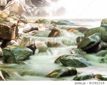 夏の清らかな渓流の景色　スローシャッターで撮った水流 81581219