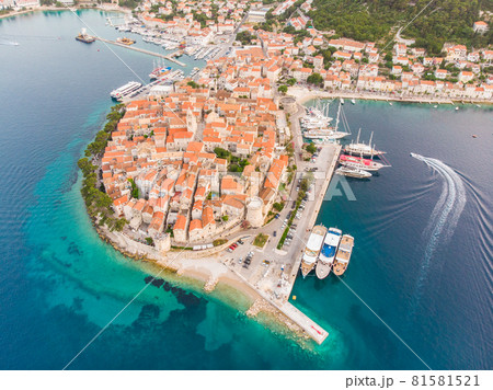 Aerial drone view of Korcula historical old town, Dalmatia, Croatia. Aerial drone view of Korcula historical old town, Dalmatia, Croatia. 81581521