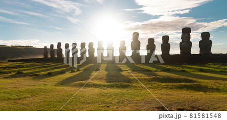 Sunrise over Moai stone sculptures at Ahu Tongariki, Easter island, Chile. Sunrise over Moai stone sculptures at Ahu Tongariki, Easter island, Chile. 81581548