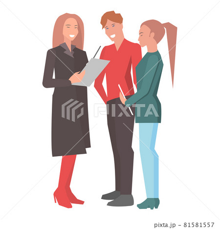 Two Women and Man Standing and Holding Reports Two Women and Man Standing and Holding Reports 81581557
