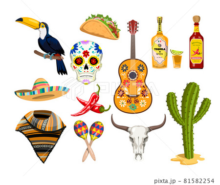Mexican symbol icons. Cartoon sombrero, chili peppers and toucan. Isolated taco, guitar and maracas. Music fiesta party 81582254