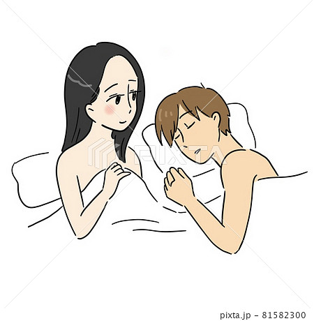 ベッドで幸せそうに寝ている男性の寝顔を見つめる女性のイラスト素材