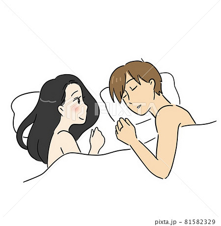 ベッドで幸せそうに寝ている男性の寝顔を見つめる女性のイラスト素材