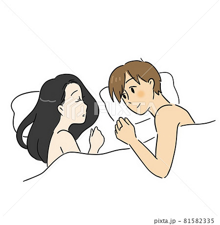 ベッドで幸せそうに寝ている女性の寝顔を見つめる男性のイラスト素材