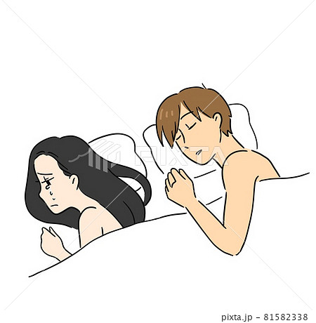 ベッドで静かに泣く女性 背中を向けて寝るのイラスト素材