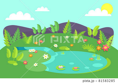 Pond with Tropical Bushes and Green Leaves Flowers Pond with Tropical Bushes and Green Leaves Flowers 81583285