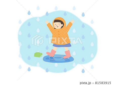 雨と蛙と女の子背景ありのイラスト素材