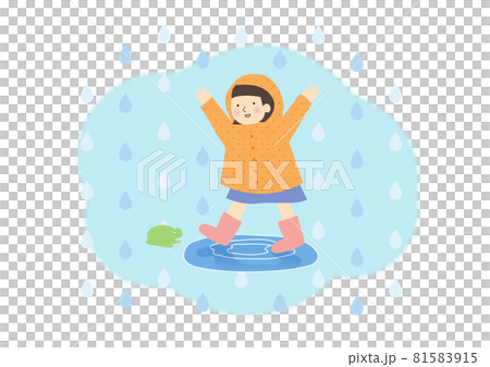 雨と蛙と女の子背景ありのイラスト素材