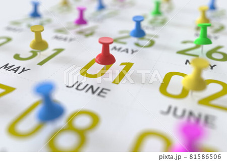 June 1 date marked with red pushpin on a calendar, 3D rendering June 1 date marked with red pushpin on a calendar, 3D rendering 81586506